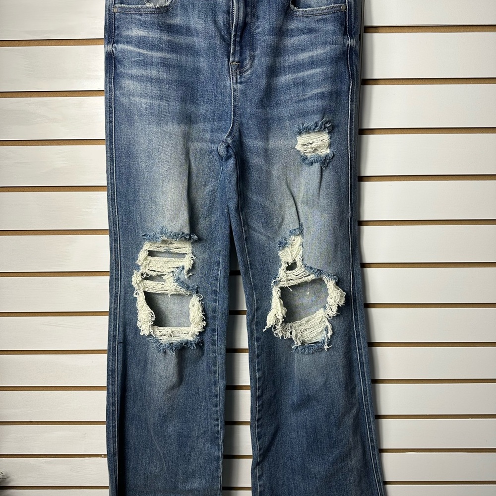 Blue Straight Leg Jeans with Distressed Knees